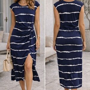 SHEIN Navy and White Striped Knot-Front Midi Dress